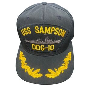 Vintage USS Sampson DDG-10 Navy Hat AJD Made in USA Snapback Scrambled Eggs Blue